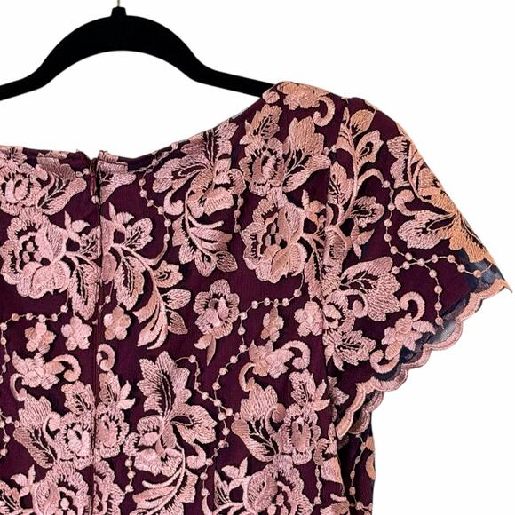 JS Collections V-Neck Floral Embroidered Mesh Cocktail Dress in Burgundy - Picture 5 of 9